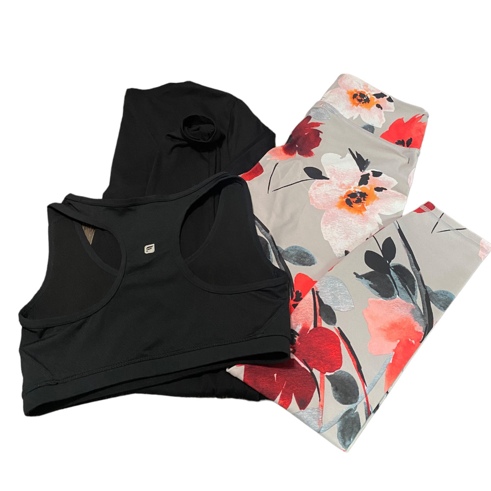 Fabletics Black Sports Bra with Gray Floral Leggings